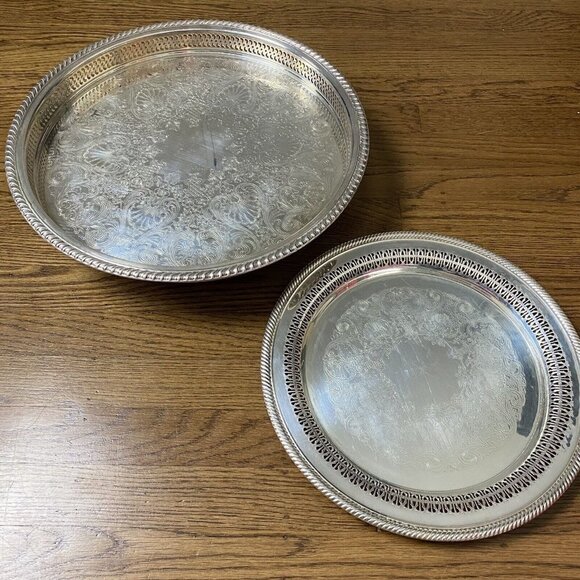 Wm ROGERS Silverplate Lazy Susan & Serving Gallery Tray Cocktail Bar Buffet - Picture 1 of 11